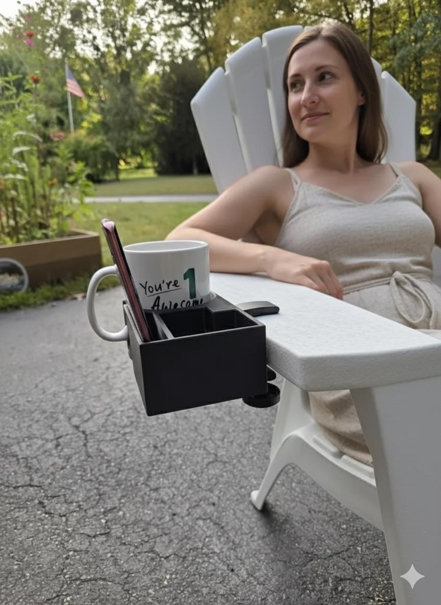 Clamp-On Cup and Phone Holder for Chairs, Desks, Outdoor Use