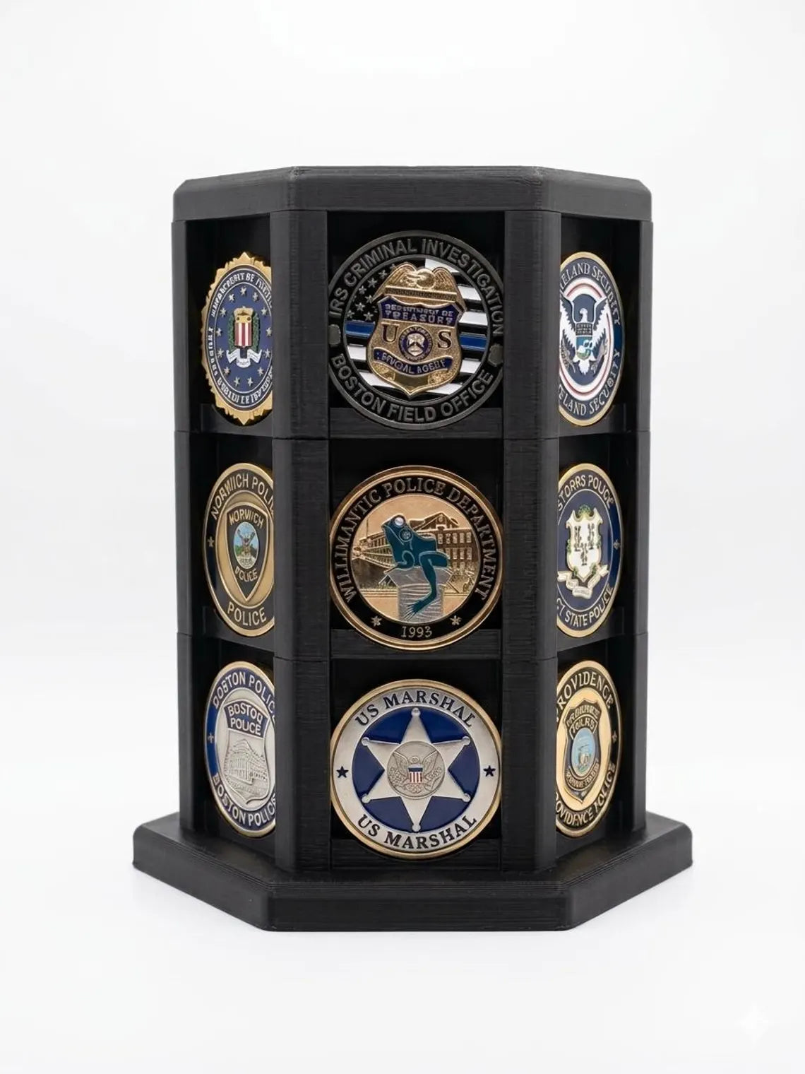 Hexagonal Challenge Coin Display Stand – Stackable Holder for First Responders, Military, Police Up to 2" Coins