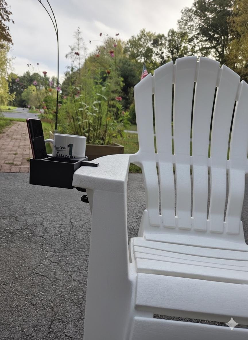 Clamp-On Cup and Phone Holder for Chairs, Desks, Outdoor Use
