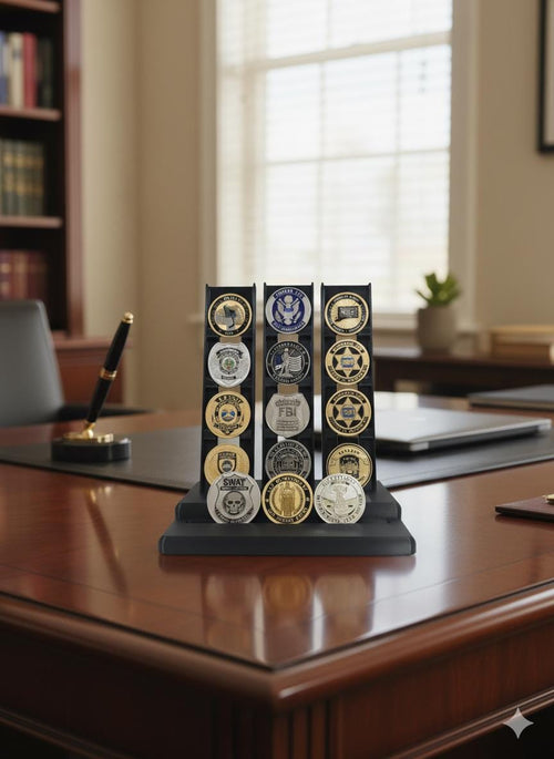 Challenge Coin Display Stand, First Responder Military Police Holder (Up to 2" Coins)