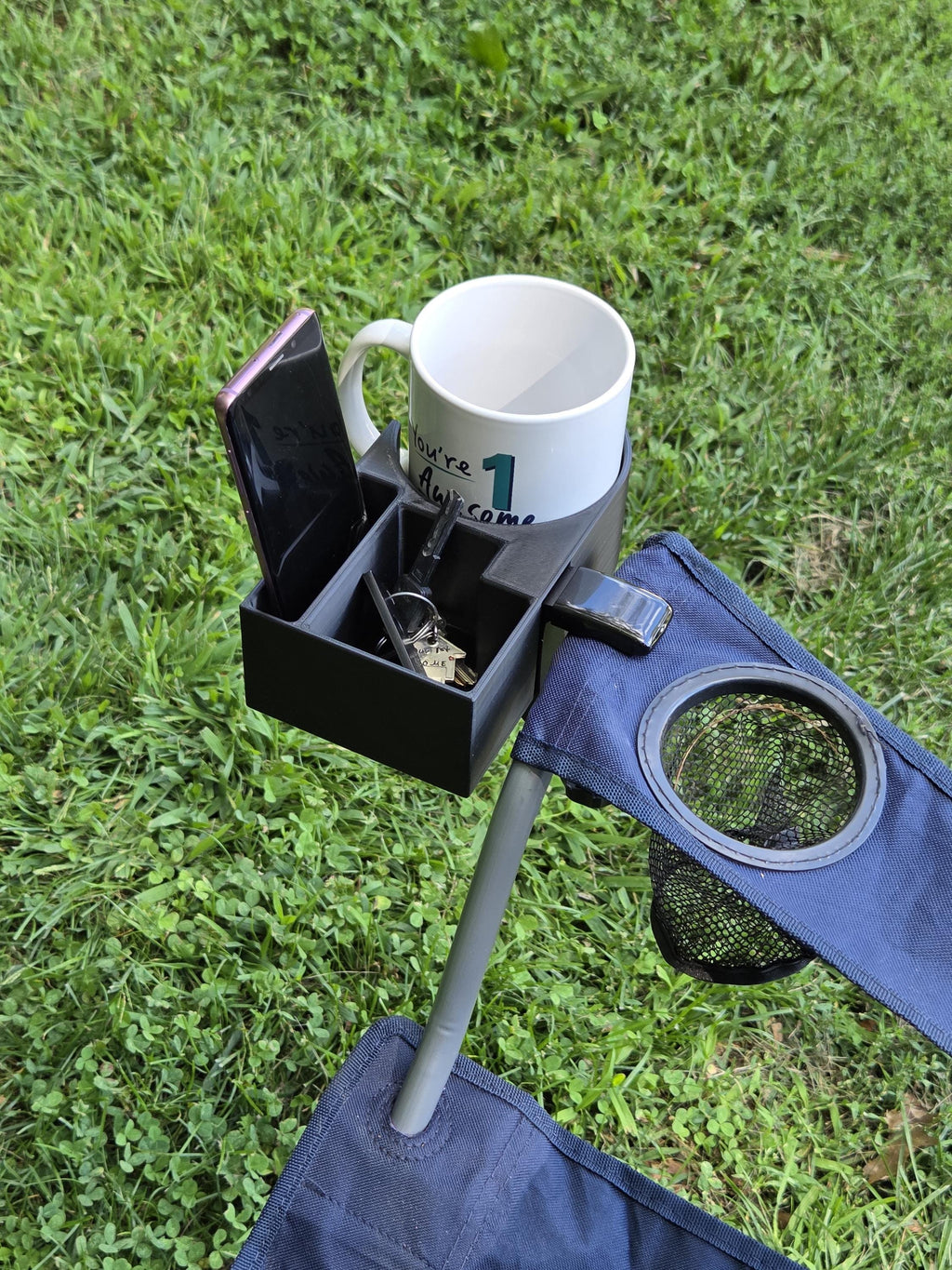 Clamp-On Cup and Phone Holder for Chairs, Desks, Outdoor Use