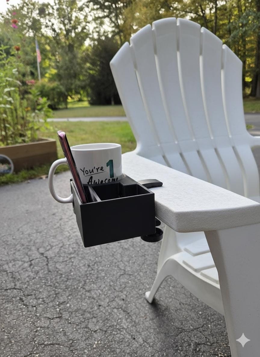 Clamp-On Cup and Phone Holder for Chairs, Desks, Outdoor Use