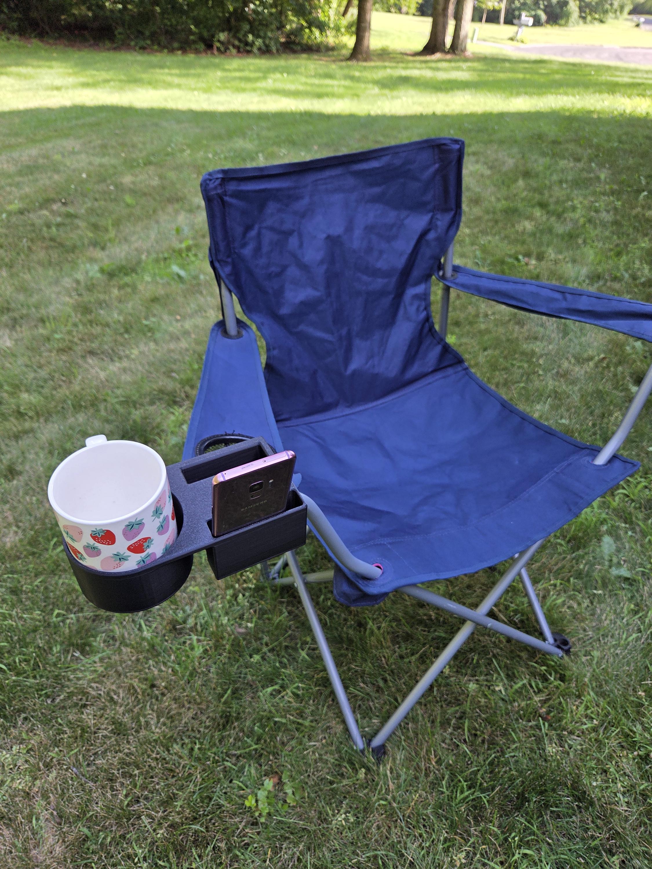 Clamp-On Cup and Phone Holder for Chairs, Desks, Outdoor Use