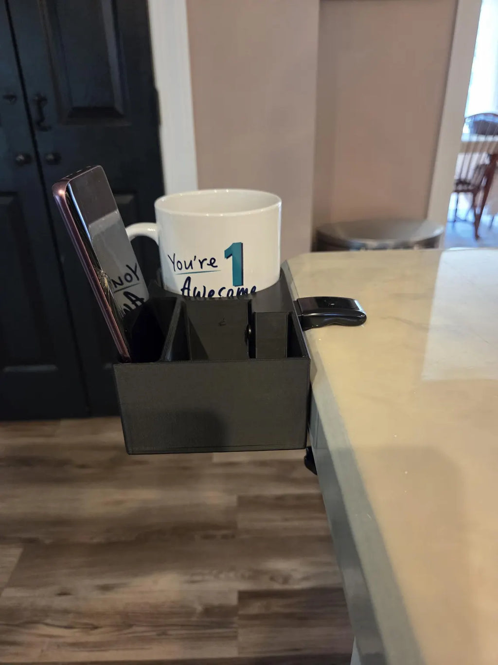 Clamp-On Cup and Phone Holder for Chairs, Desks, Outdoor Use
