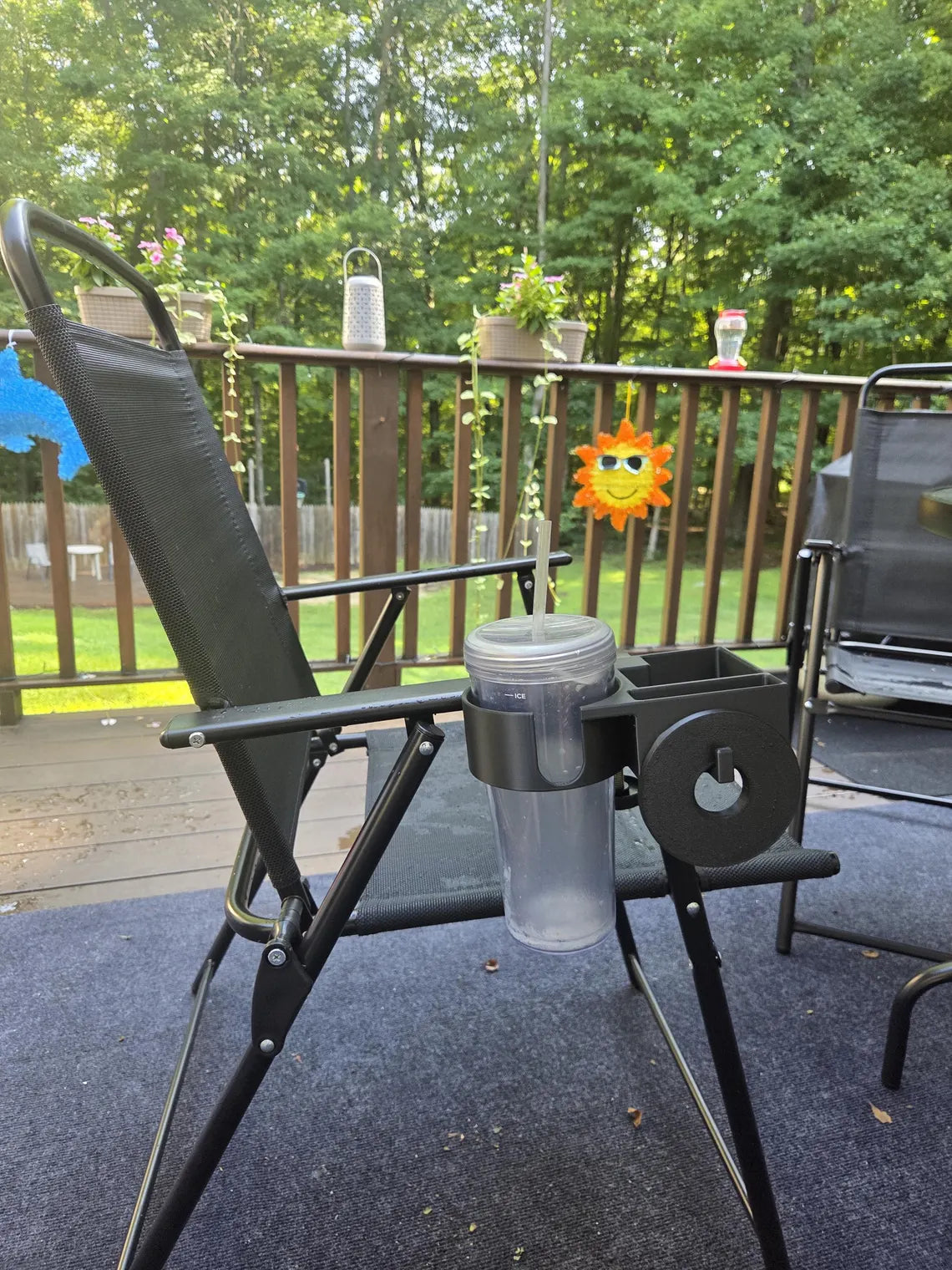 Clamp-On Cup and Phone Holder for Chairs, Desks, Outdoor Use