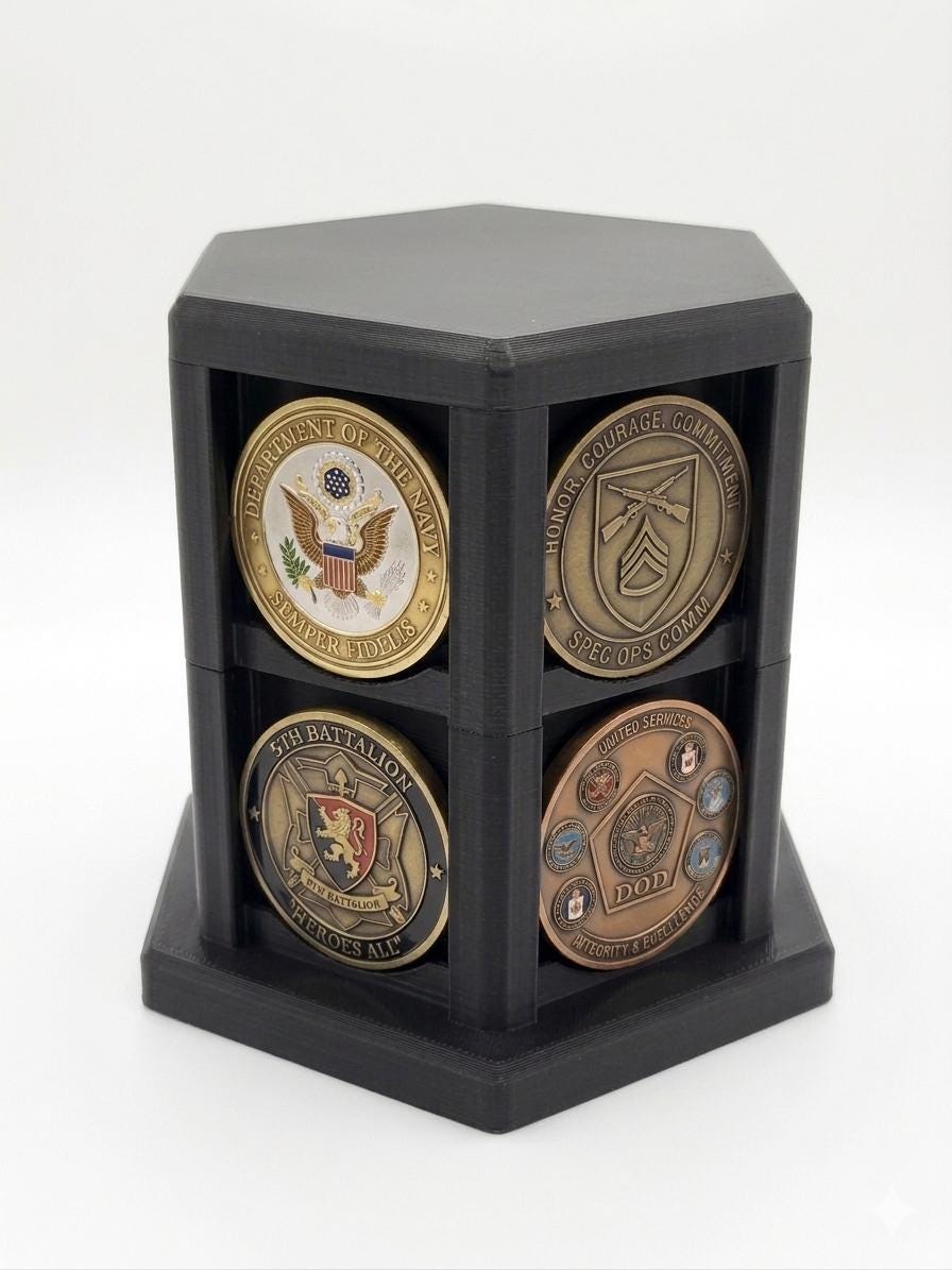 Hexagonal Challenge Coin Display Stand – Stackable Holder for First Responders, Military, Police Up to 2" Coins