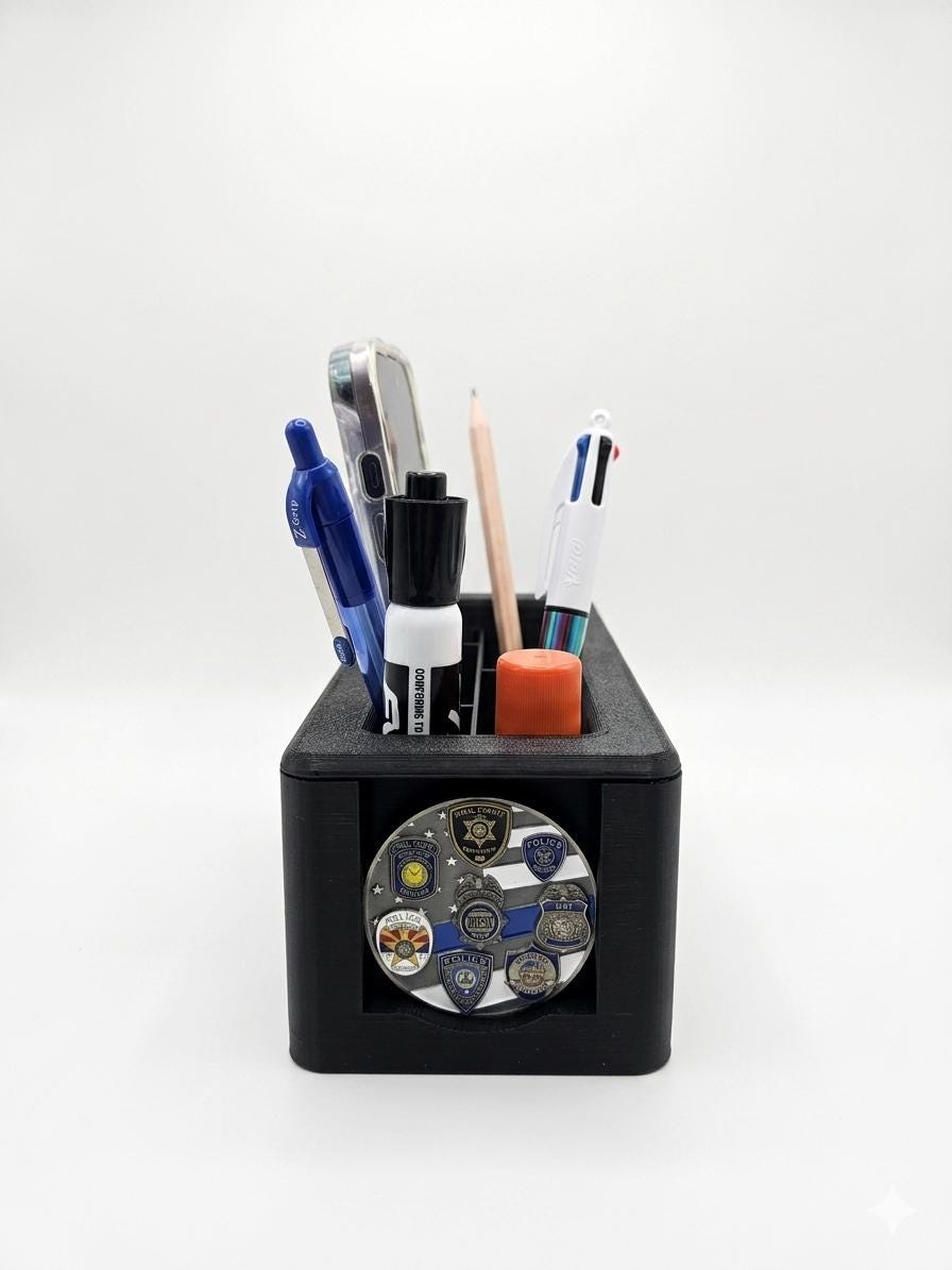 Challenge Coin Holder Desk Organizer | Police, Military, Responder Valet, Smartphone Stand