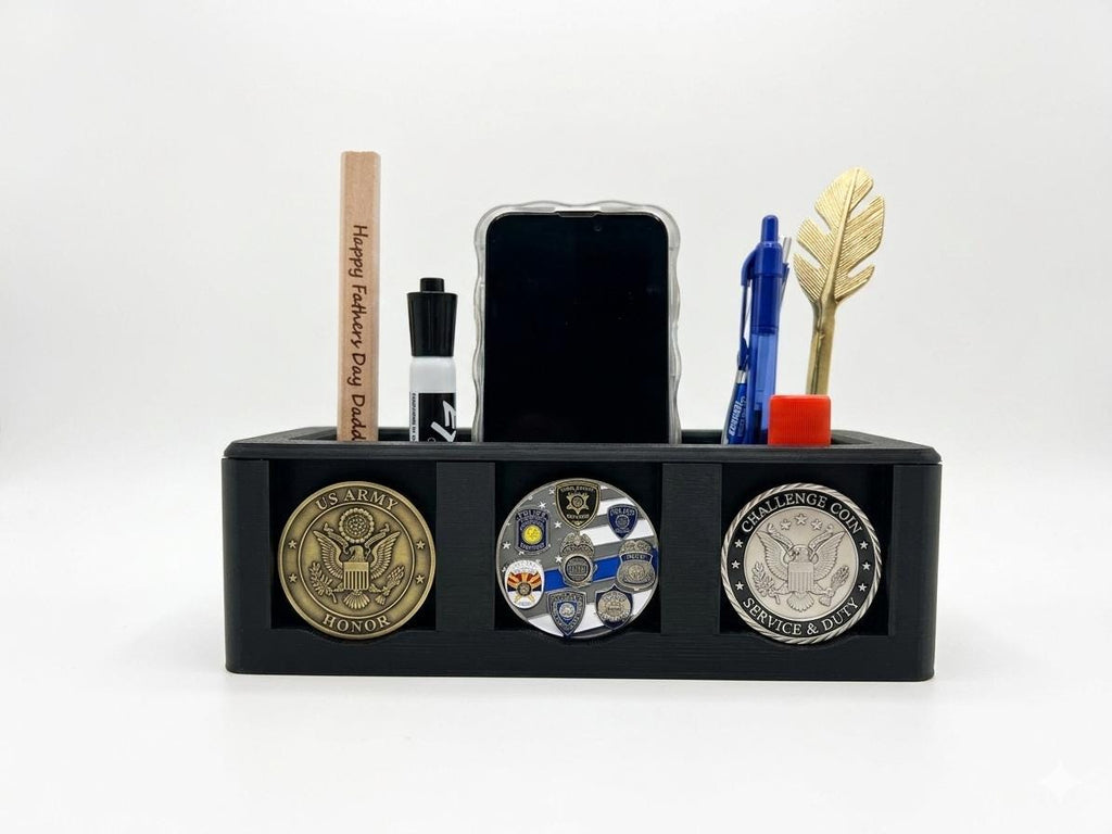 Challenge Coin Holder Desk Organizer | Police, Military, Responder Valet, Smartphone Stand