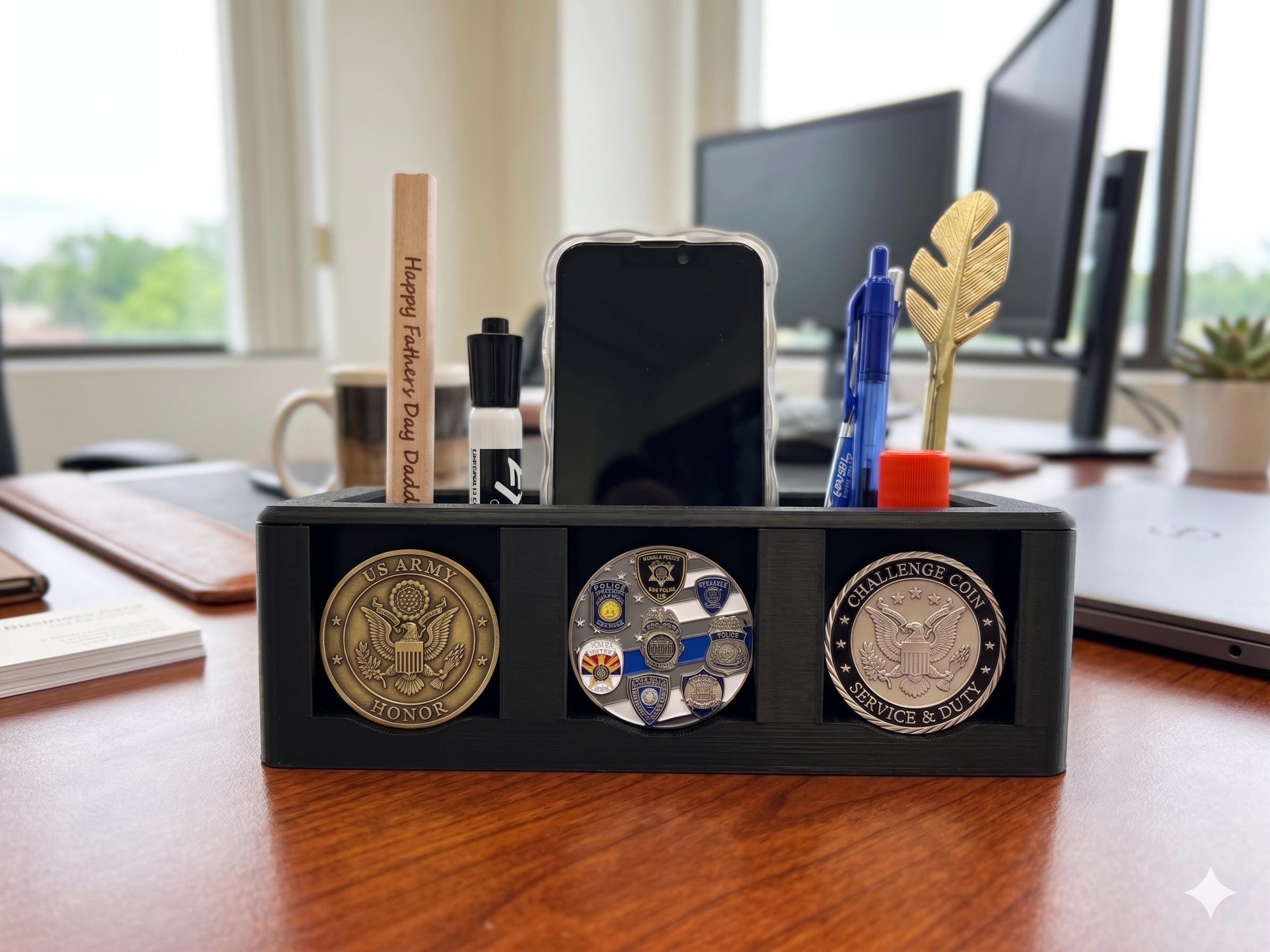 Challenge Coin Holder Desk Organizer | Police, Military, Responder Valet, Smartphone Stand